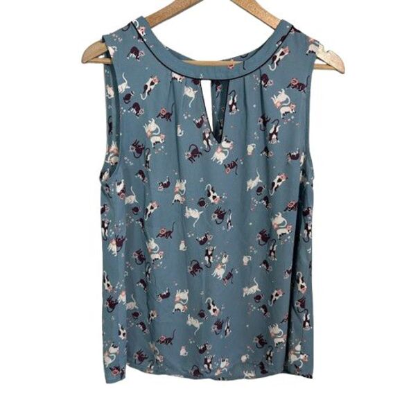 ModCloth Cat Print Blouse L Blue Cut Out Neck Sleeveless - Picture 1 of 6